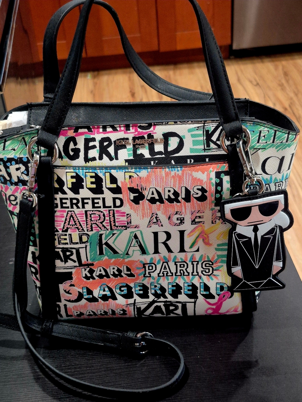 Karl Lagerfeld Paris Iris Tote Satchel Multicolor Logo Print with Charm